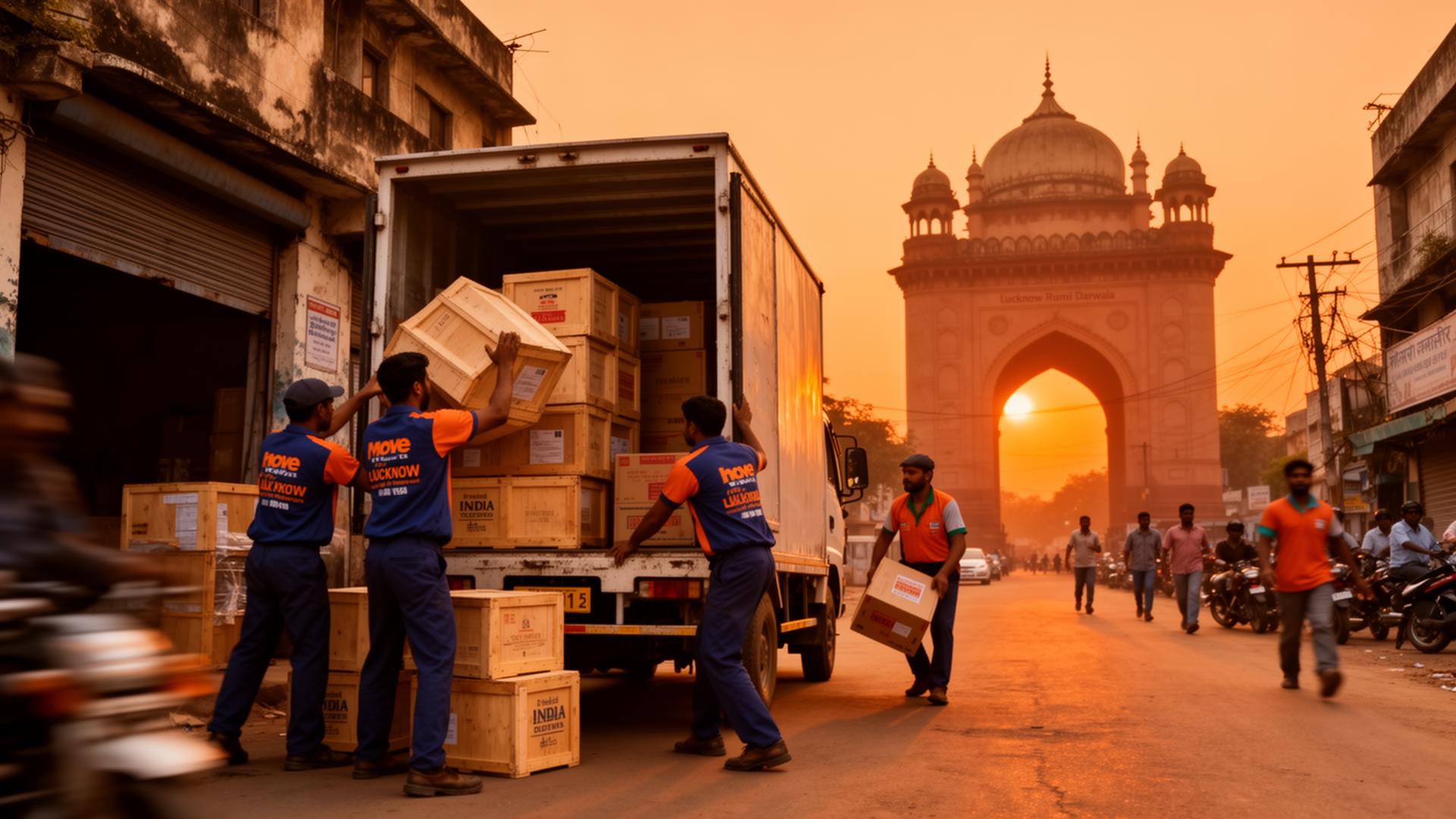Indian movers loading cargo at golden hour